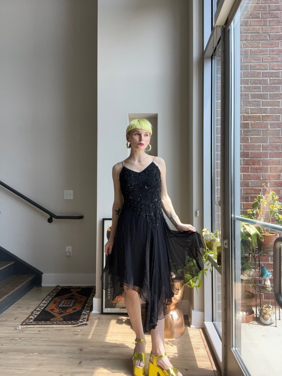 VTG 90s Asymmetrical Black Silk Beaded Dress