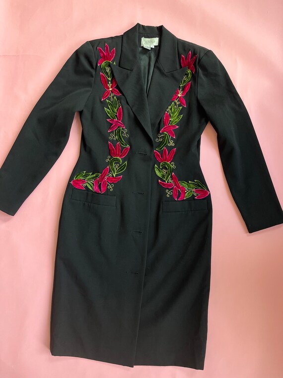 VTG 90s Long Wool Blazer w/ Velvet Floral Appliqué