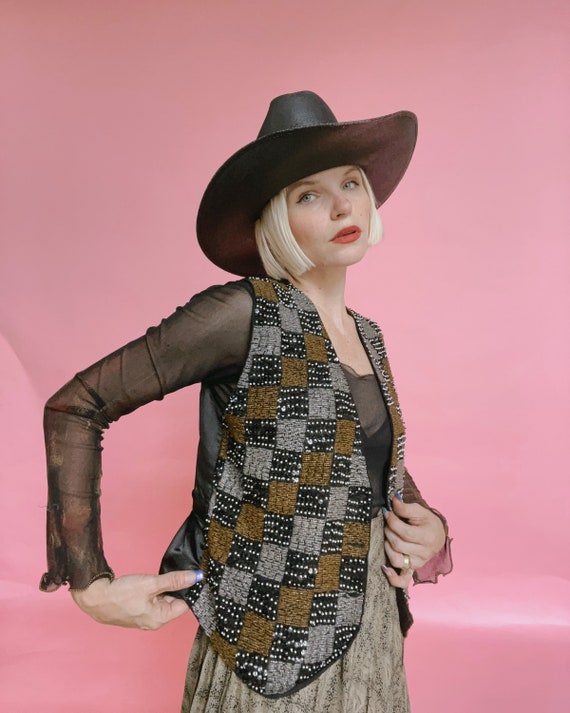 Vintage 90s Beaded Checkered Waistcoat