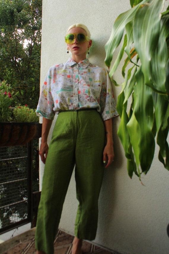 Vintage 90s | Green Linen Capris