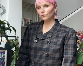 Blazer court croisé à carreaux Y2K VTG avec manches bouffantes