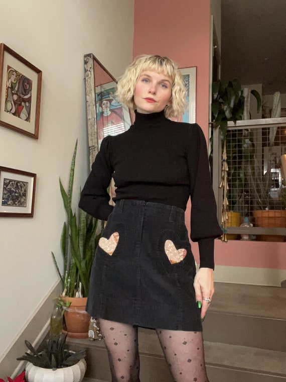 VTG 90s Black Cord Mini Skirt w/ Heart Pockets