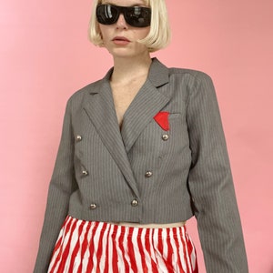 VTG 90s Grey Cropped Pinstripe Double Breasted Blazer