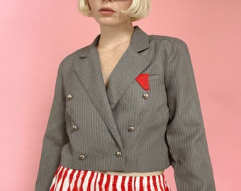 VTG 90s Grey Cropped Pinstripe Double Breasted Blazer