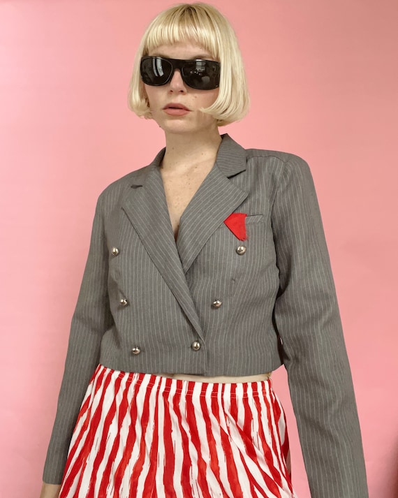 VTG 90s Grey Cropped Pinstripe Double Breasted Blazer