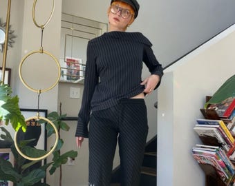 Pantalones de tiro bajo negros a rayas estilo vintage Y2K
