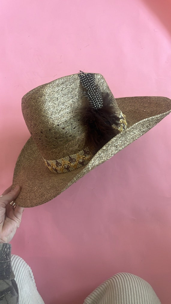 VTG Staw Cowboy Hat with Feather