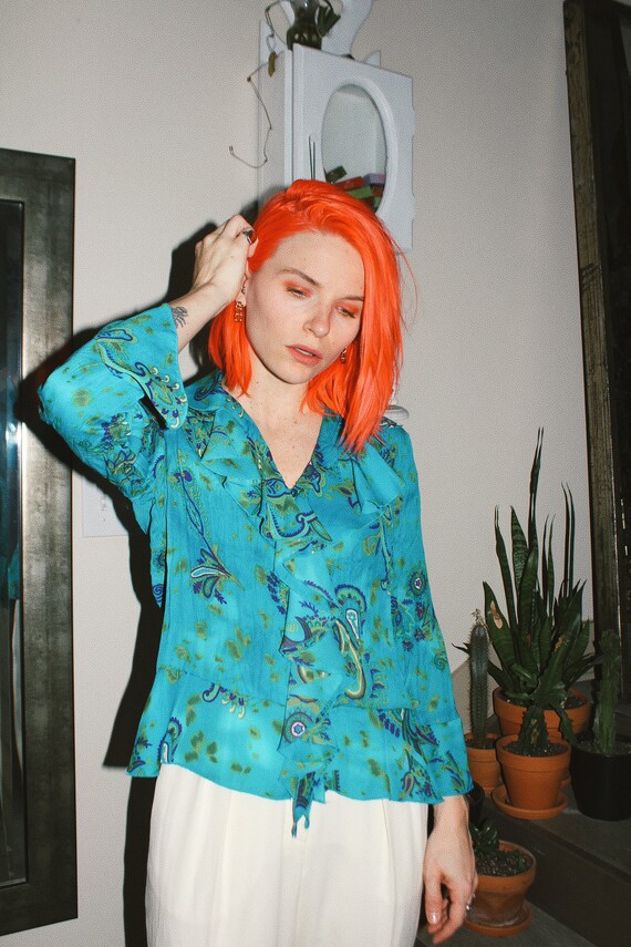Y2k Pleated Ruffle Paisley Blouse