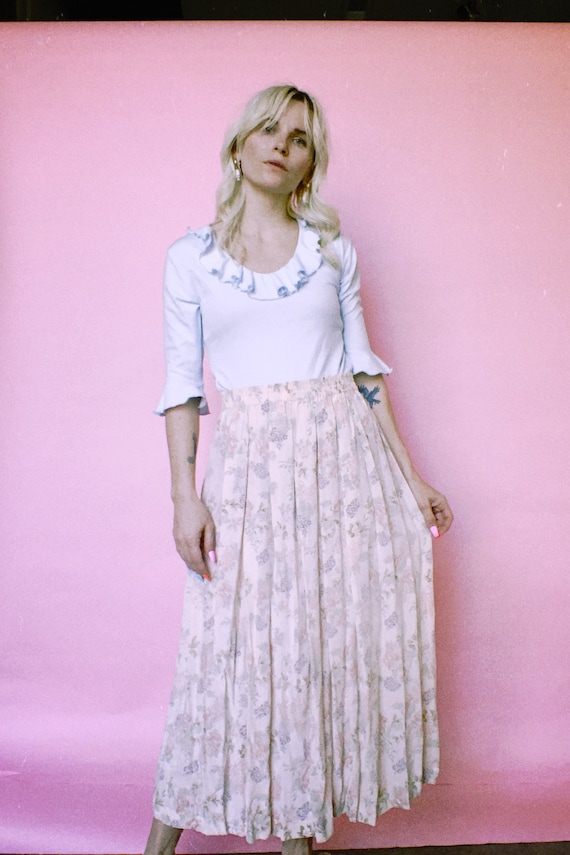 Vintage Delicate Floral Silk Midi Skirt