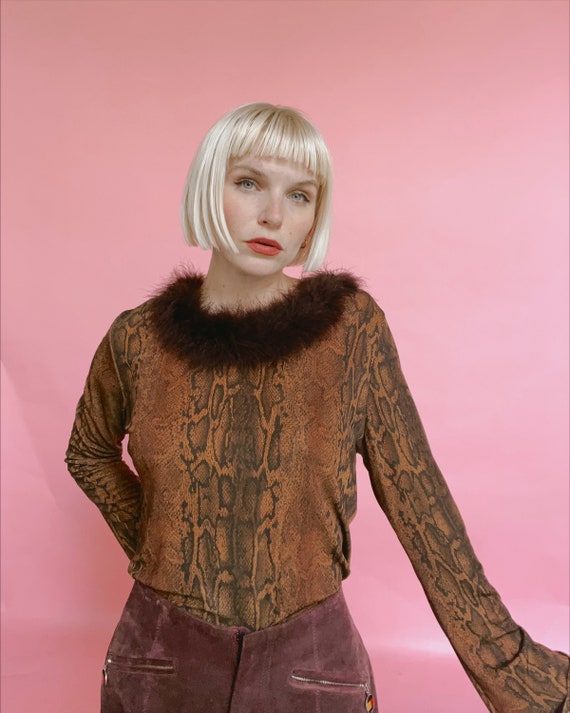 Vintage Brown Snake Feather Trim Flare Sleeve Top