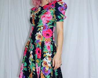 Vintage 80s | Drop Waist Floral Print Dress