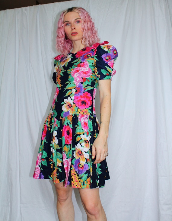 Vintage 80s | Drop Waist Floral Print Dress