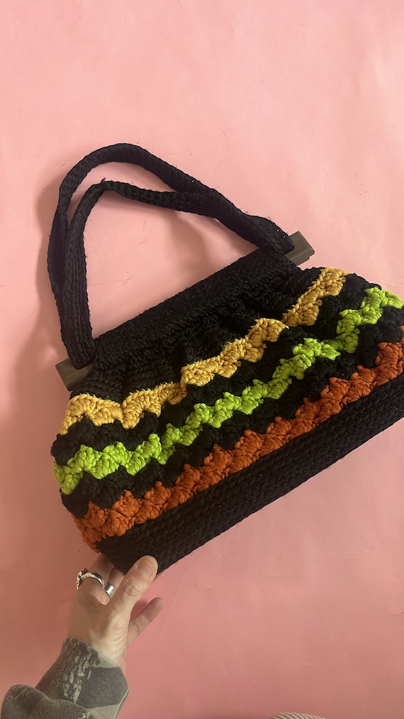 VTG 70s Handmade Crochet Purse with Wood