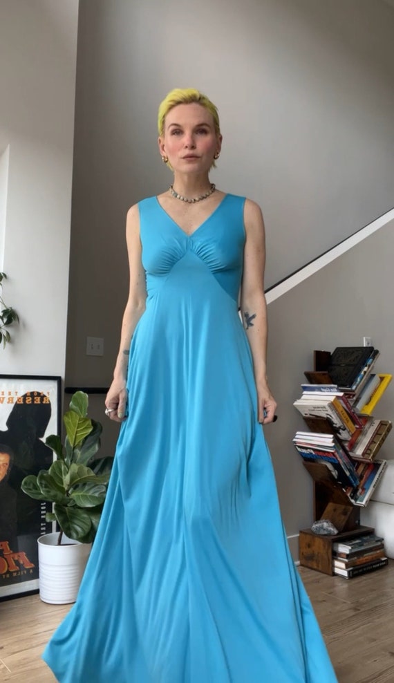 VTG 70s Robin Egg Blue Nylon Maxi Dress