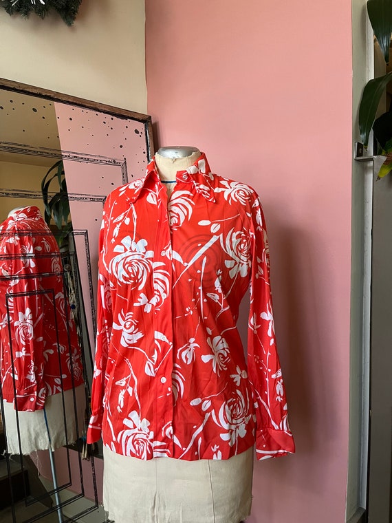 VTG 70s Poly Floral Dagger Collar Blouse