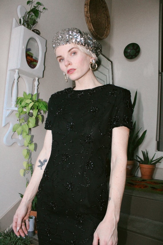 Beaded Black Silk Mini Dress