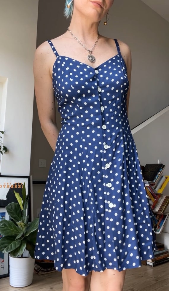 VTG 90s Rayon Blue Polka Dot Flare Dress