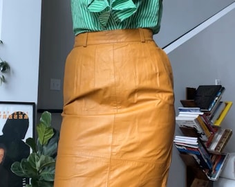 VTG 80s Rare Mustard Leather Pencil Skirt