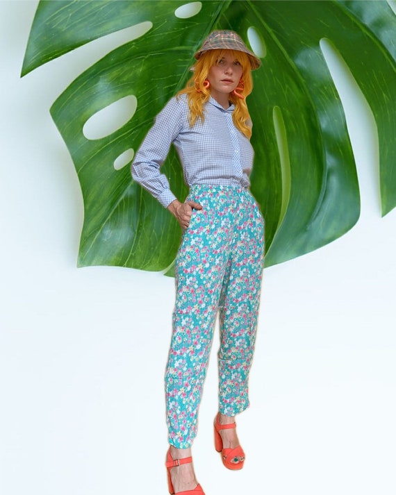 Vintage 90s Floral Rayon Crinkle Pants
