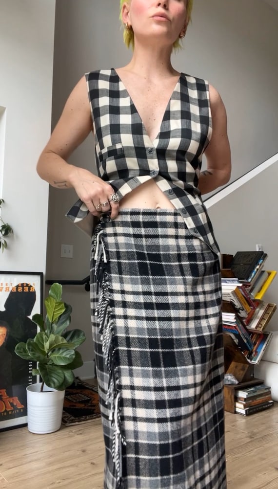 VTG 90s Blanket Wool Plaid Wrap Midi Skirt