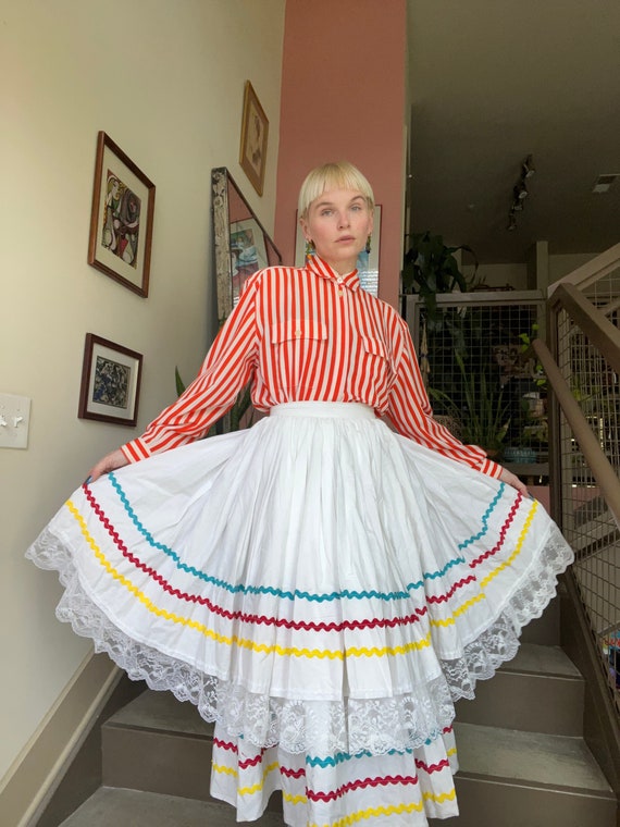 VTG 80s Handmade Rickrack Lace White Full Skirt