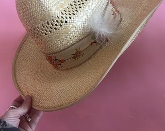 VTG 80s Straw Floral Cowboy Hat