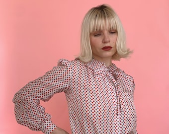 Vintage 70s Polka Dot Ruffle Collar Blouse