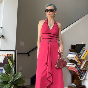 VTG Y2K Fuchsia Pink/Black Satin Bow Halter Dress