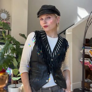 VTG 90s Black Leather Fringe Moto Vest