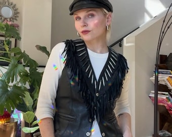 VTG 90s Black Leather Fringe Moto Vest
