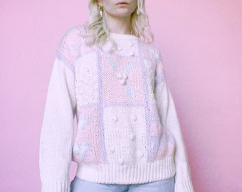 Vintage 80er Jahre | Handgestrickter Süßer Patchwork Pullover