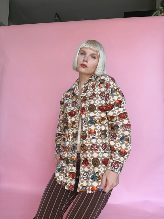 VTG 80s Gotcha Covered Novelty Pottery Blouse