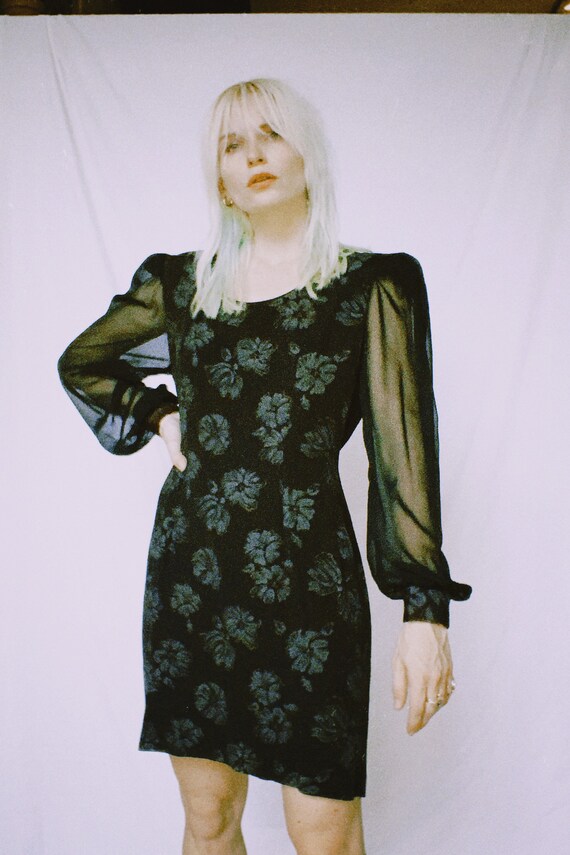 Vintage 80s | Black Floral Sheer Sleeve Mini Dress