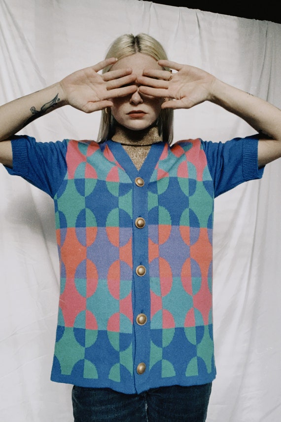 Vintage 80s | Short Sleeve Colorful Knit Cardigan