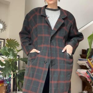 VTG 80s Plaid Wool Coat with Leather Trimmings