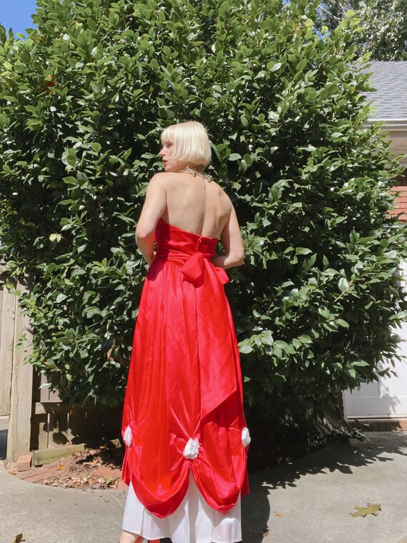 VTG 80s Red/White Satin Gown with Floral Appliqué