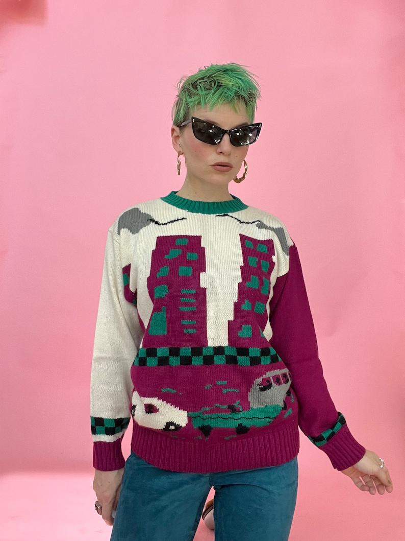 Pu&ograve; includere: Un maglione di maglia rosa, bianco e verde con un design di skyline cittadino e auto. Il maglione ha un collo rotondo e maniche lunghe.
