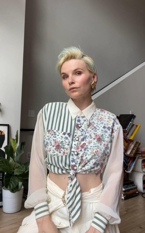 VTG 80s Duo Print Cropped Tie Blouse with Sheer S… - image 2