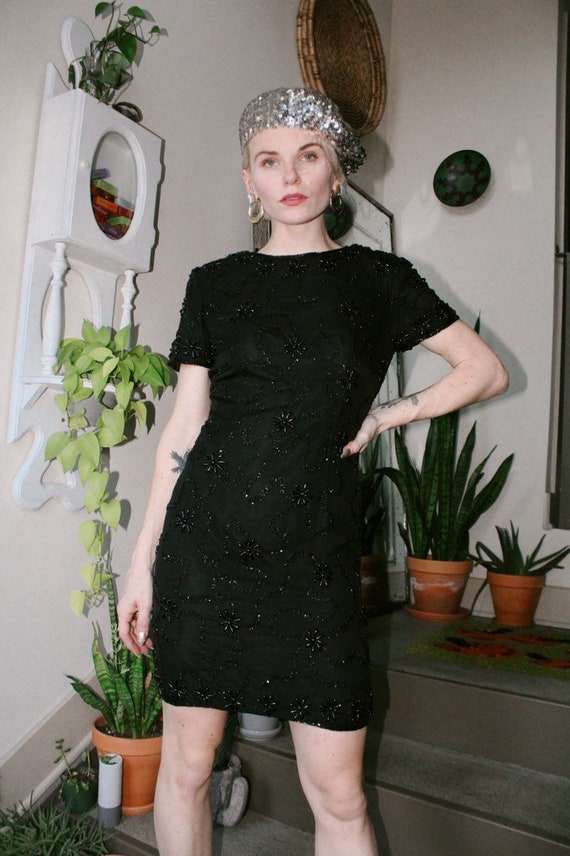 Beaded Black Silk Mini Dress - image 3