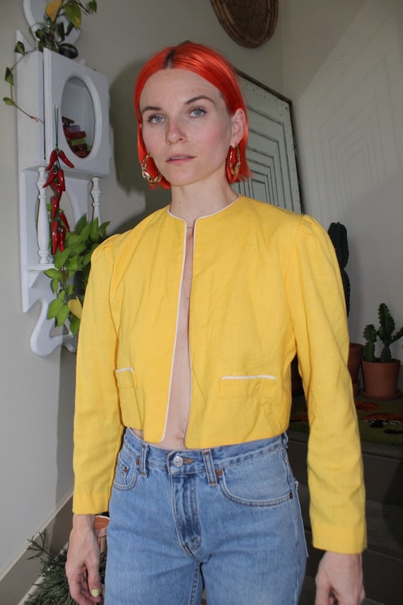 Yellow Cropped Jacket with White Piping