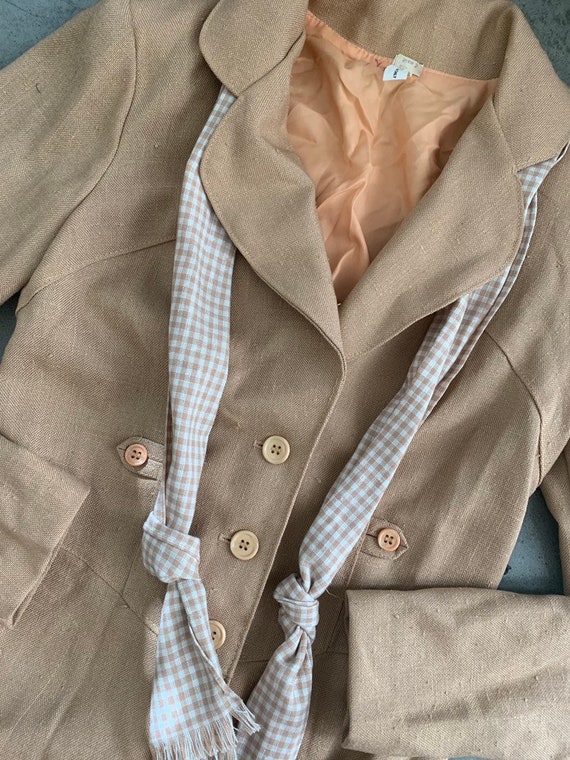 70s Tan Coat with Gingham Tie - image 3