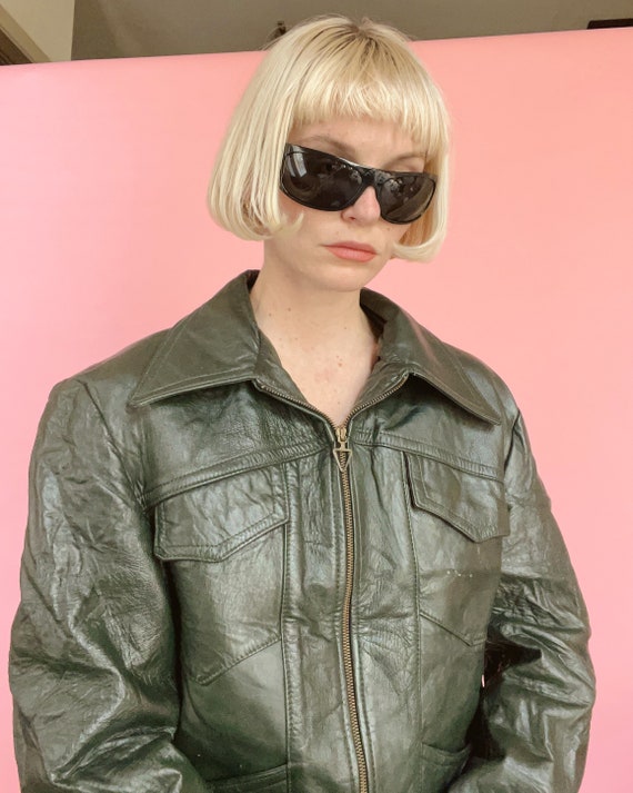 VTG 70s Olive Green Leather Bomber Jacket
