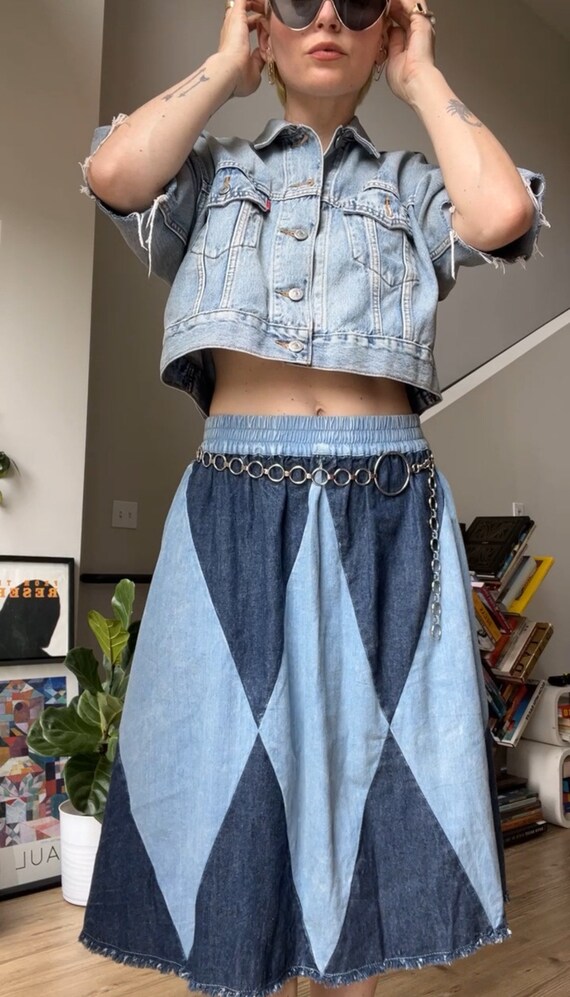 VTG 90s Denim Harlequin Patchwork Skirt