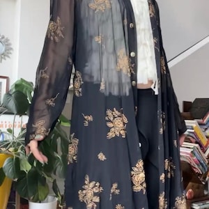 VTG 90s Black Floral Printed Sheer Duster