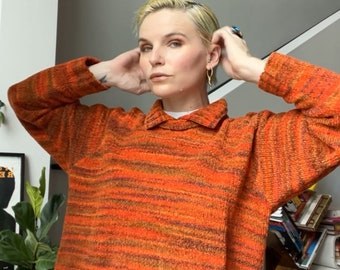 VTG 90s Orange Striped Chenille Collared Knit Sweater