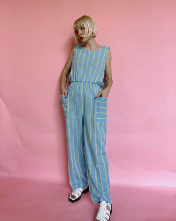 Vintage 70s Cotton Stripe Lounge Jumpsuit