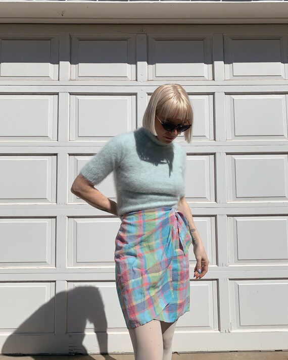 Vintage 90s Pastel Plaid Linen Wrap Skirt - image 3