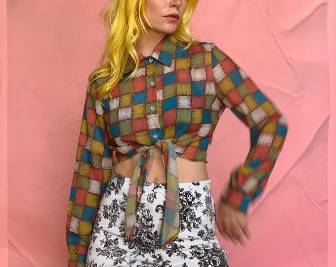 Colorful 90s Check Cropped Blouse with Tie