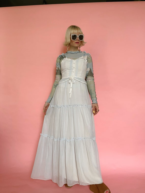 Vintage 70s Delicate Powder Blue Tiered Maxi Dress