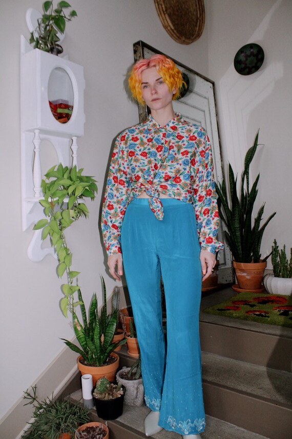 Blue Silk Pants with Appliqué